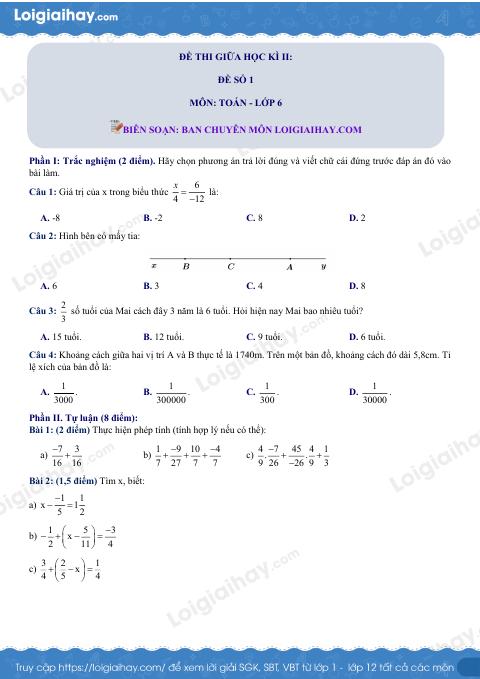 Đề thi giữa kì 2 Toán 6 - Đề số 1 - Kết nối tri thức